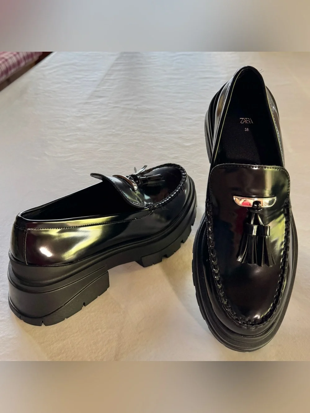 Zara Black Patent Leather Tassel Track Sole Chunky Platform Loafers (38/7.5)